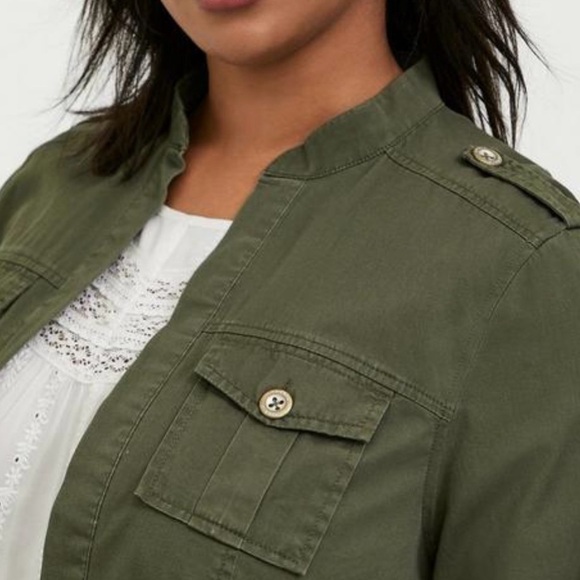 Torrid Jacket Women 00 (Med) Peplum Open Front Drawstring Retro Army Green Twill - Picture 13 of 13